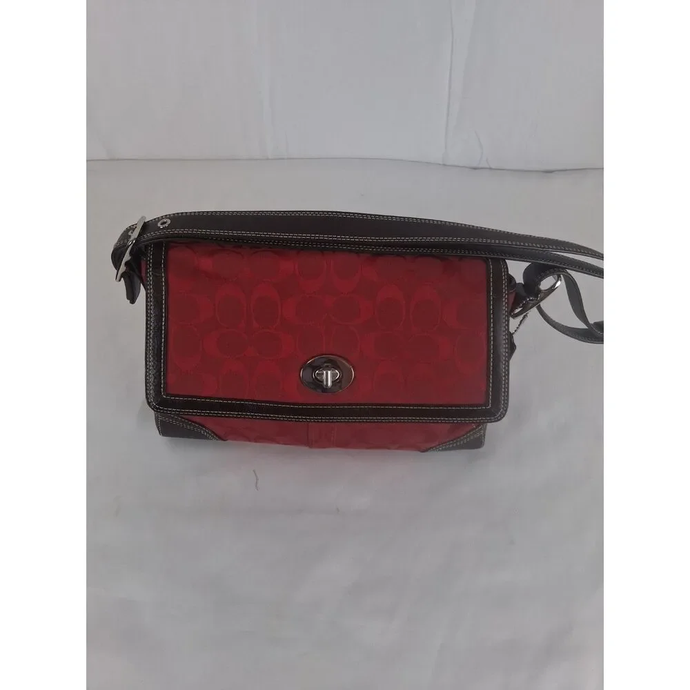 Coach Red Signature Jacquard Flap Crossbody Shoulder Bag Brown Leather F13947